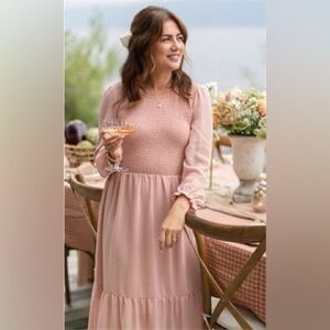 Mad about style, size small, peachy pink long sleeve dress, stretchy, airy